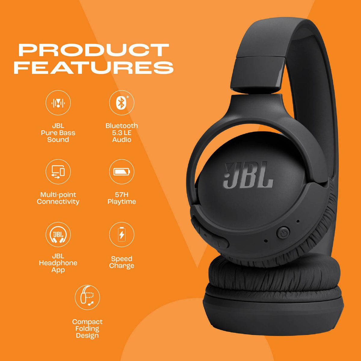 JBL Tune 520 BT 57Hr Playtime, Pure Bass, Multi Connect 5.3LE Bluetooth Headset (Black, On the Ear)