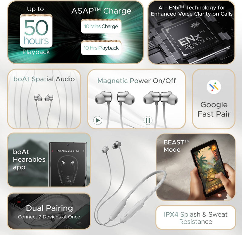 boAt Rockerz 255 Z Plus,Spatial Audio, 50H Battery,ENx, Stream Ad Free Music via App Bluetooth Headset (Slate Grey, In the Ear)