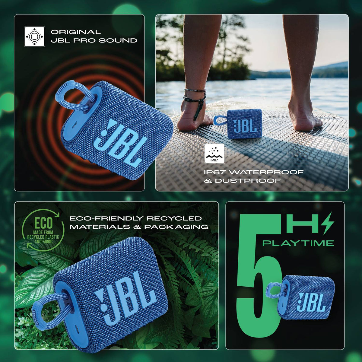JBL Go 3 Ultra Portable ,Pro Sound,IP67 Water & Dust Resistant 4.2 W Bluetooth Speaker (Eco Blue, Mono Channel)