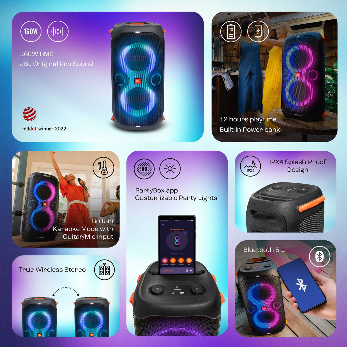 JBL Partybox 110 with,Dynamic Light Show,Upto 12Hr Playtime, App 160 W Bluetooth Party Speaker (Black, Stereo Channel)