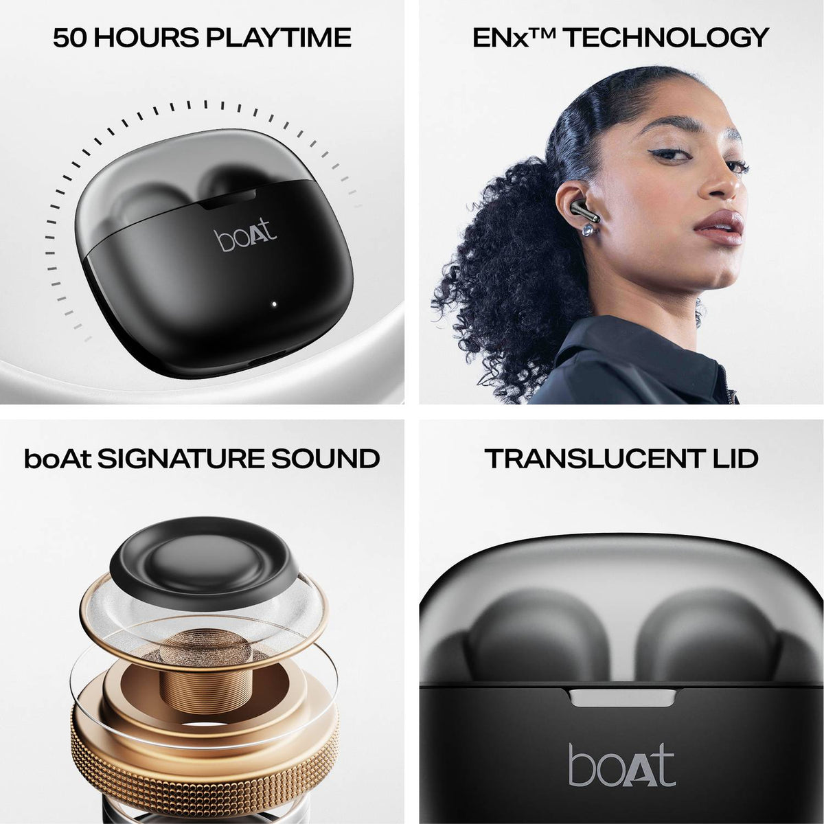 boAt Airdopes 212,Translucent Lid, 50H Battery,ENx Tech, App Support Bluetooth Headset (Noir Black, In the Ear)