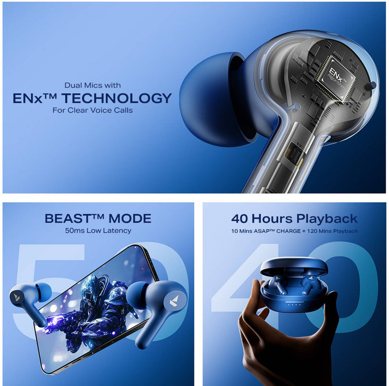boAt Airdopes 71,40 H Battery, ENx Tech, Low Latency, Stream Ad Free Music via App Bluetooth Headset (Starry Blue, True Wireless)