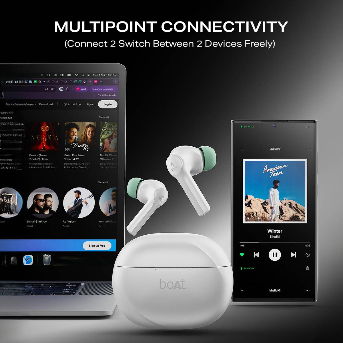 boAt Airdopes Supreme w/ 4 Mics AI ENx Tech, 50 HRS Playback,Multi Point Connectivity Bluetooth Headset (Swidish White, True Wireless)