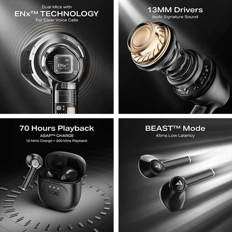 boAt Airdopes 131 Gen 2, 13mm Drivers, 70H Battery, ENx, App Bluetooth Headset (Carbon Black, In the Ear)