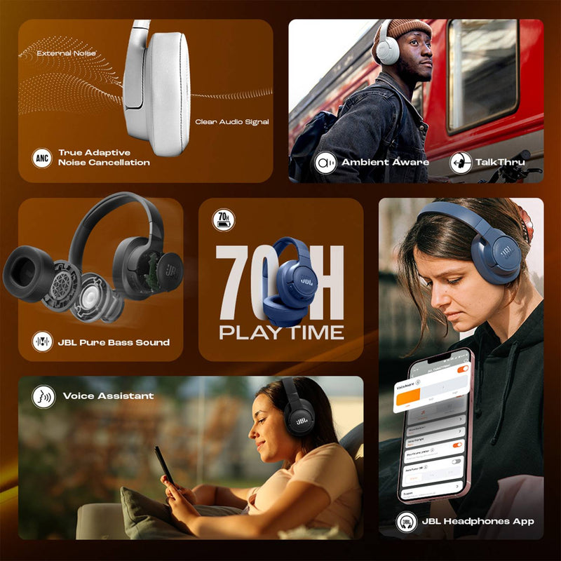 JBL Tune 770NC Active Noise Cancelling, 70Hr Playtime, Fast Pair & Multi Connect Bluetooth Headset (Blue, On the Ear)