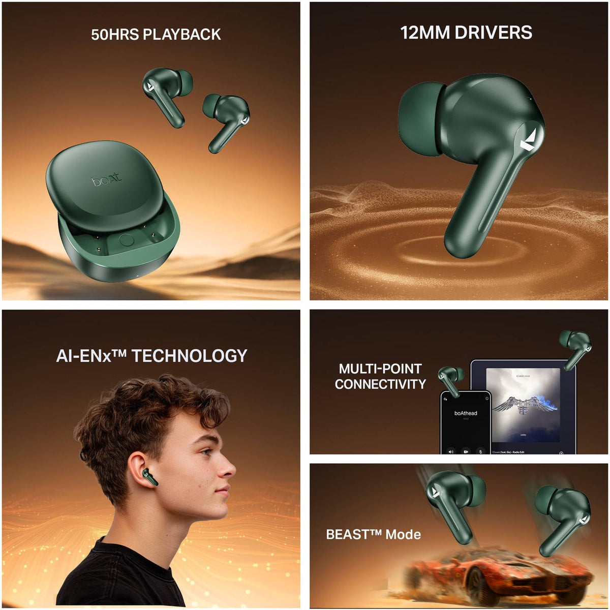 boAt Airdopes Prime 413,AI-ENx Tech, 50H Battery,Multi Connect,App Support,BEAST Mode Bluetooth Headset (Green, True Wireless)