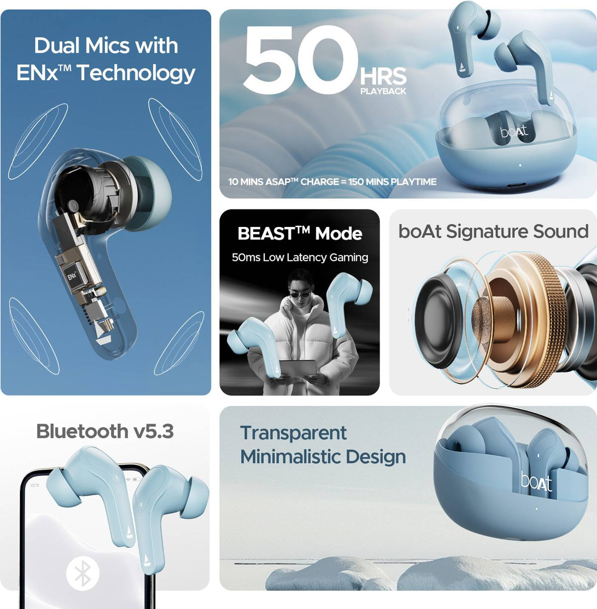 boAt Airdopes 311 Pro w/ 50 HRS Playback, ASAP Charge & Dual Mics ENx Technology Bluetooth Headset (Dusk Blue, True Wireless)