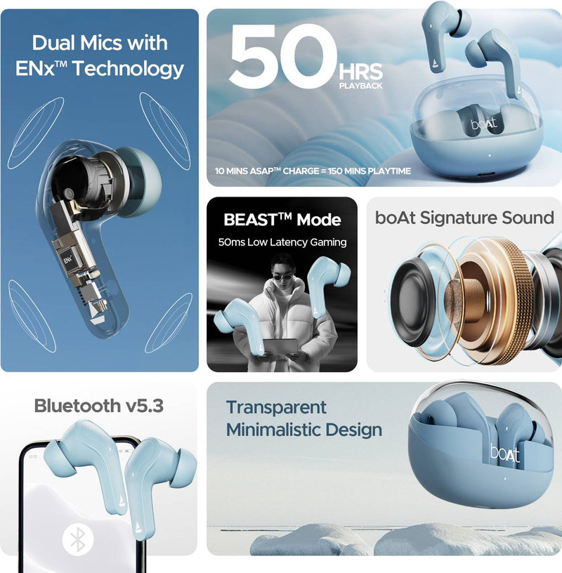 boAt Airdopes 311 Pro w/ 50 HRS Playback, ASAP Charge & Dual Mics ENx Technology Bluetooth Headset (Dusk Blue, True Wireless)