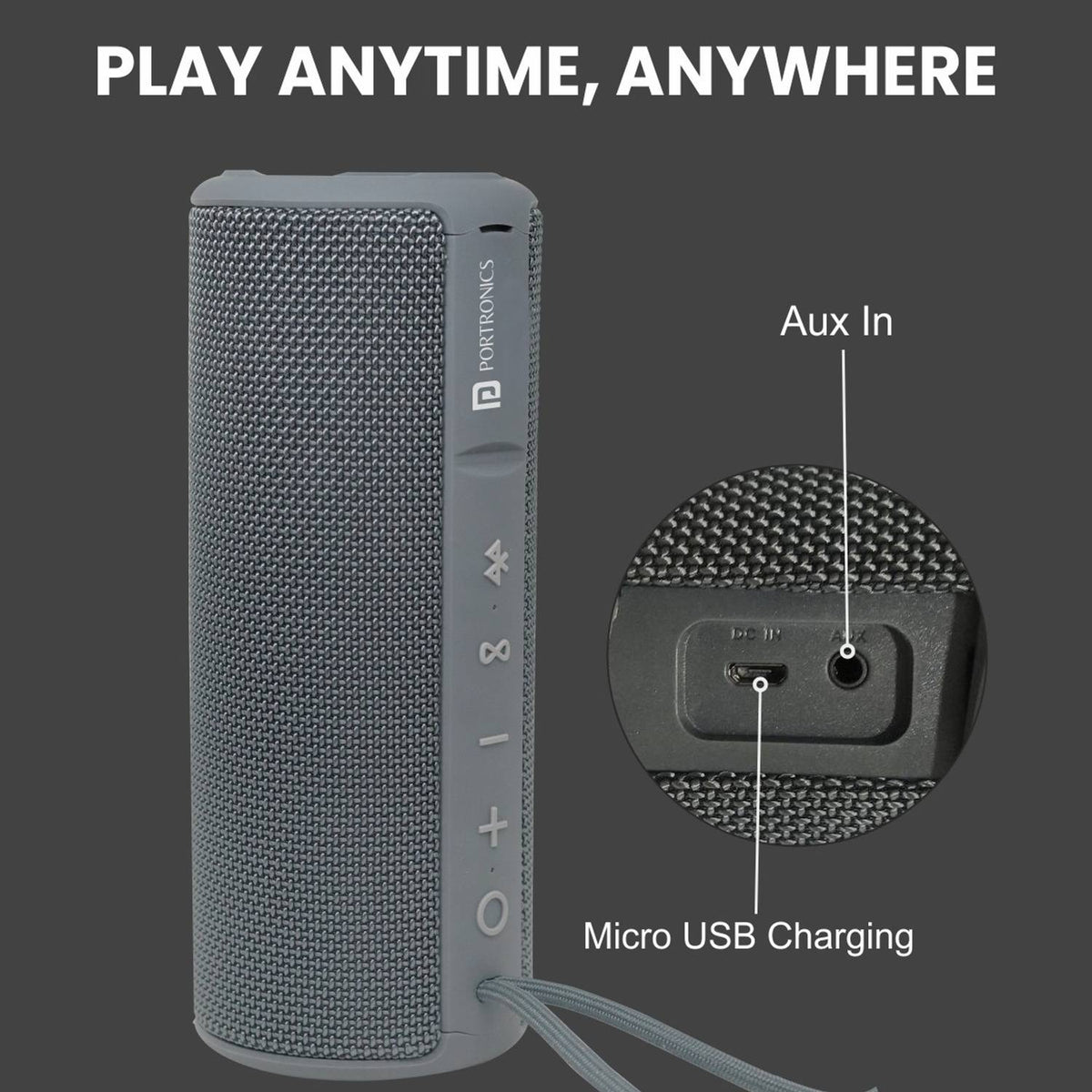Portronics Breeze Plus 20W Portable Stereo Speaker with TWS, Aux in, Water Resistant 20 W Bluetooth Speaker (Grey, Stereo Channel)