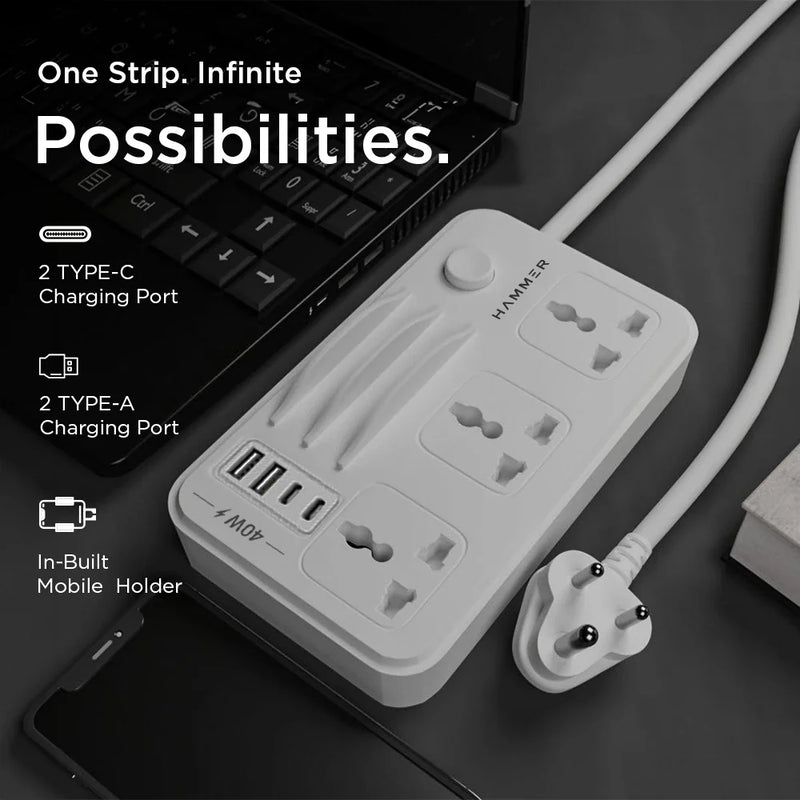 HAMMER Power Strip with 3 Universal Sockets with Child Security, 2 USB Ports and 2 Type C 20w PD, Mobile Holder, 2300W with 1.5 Meter Cable White-5