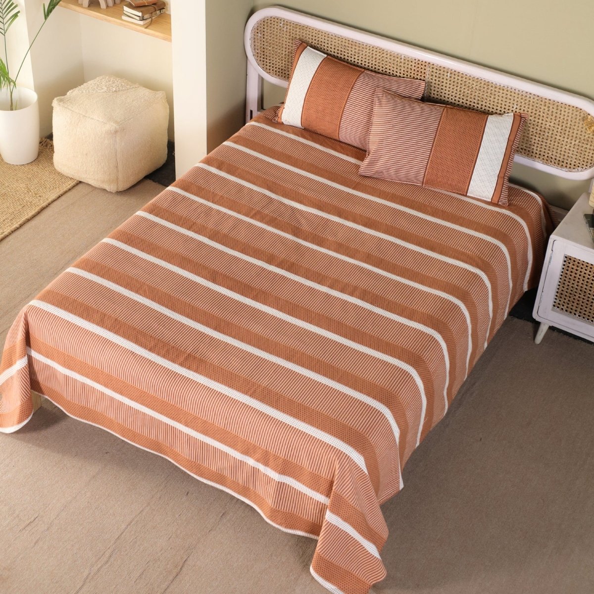 Cotton Bed sheet with Pillow Cover in Rust and Off White