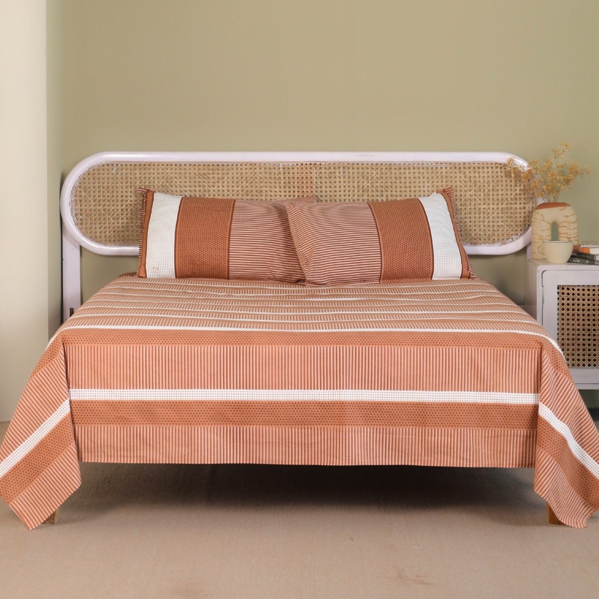 Cotton Bed sheet with Pillow Cover in Rust and Off White