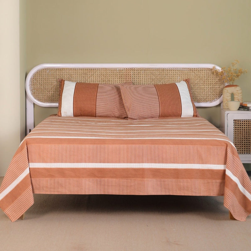 Cotton Bed sheet with Pillow Cover in Rust and Off White