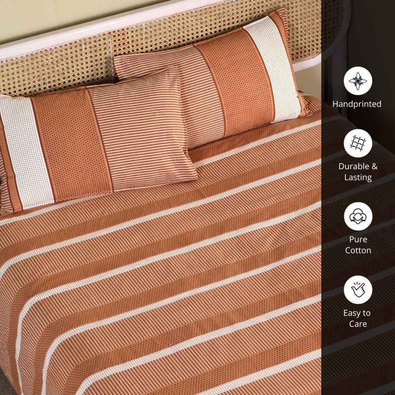 Cotton Bed sheet with Pillow Cover in Rust and Off White