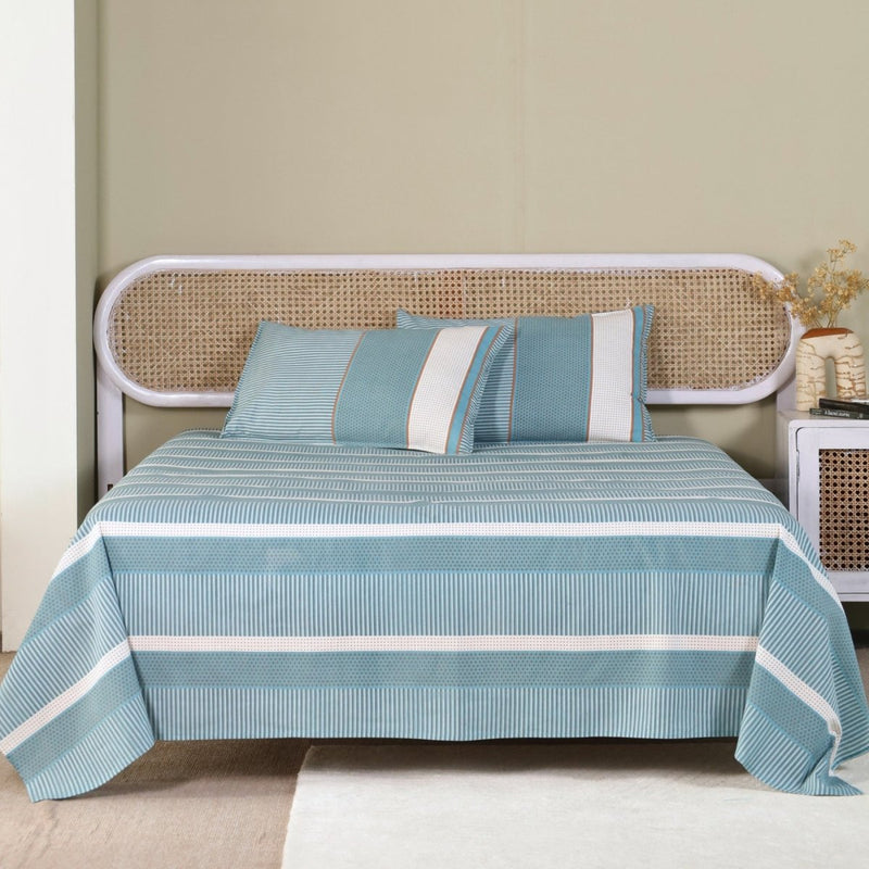 Hand Printed Cotton Bed sheet with Pillow Covers in Teal and Off White