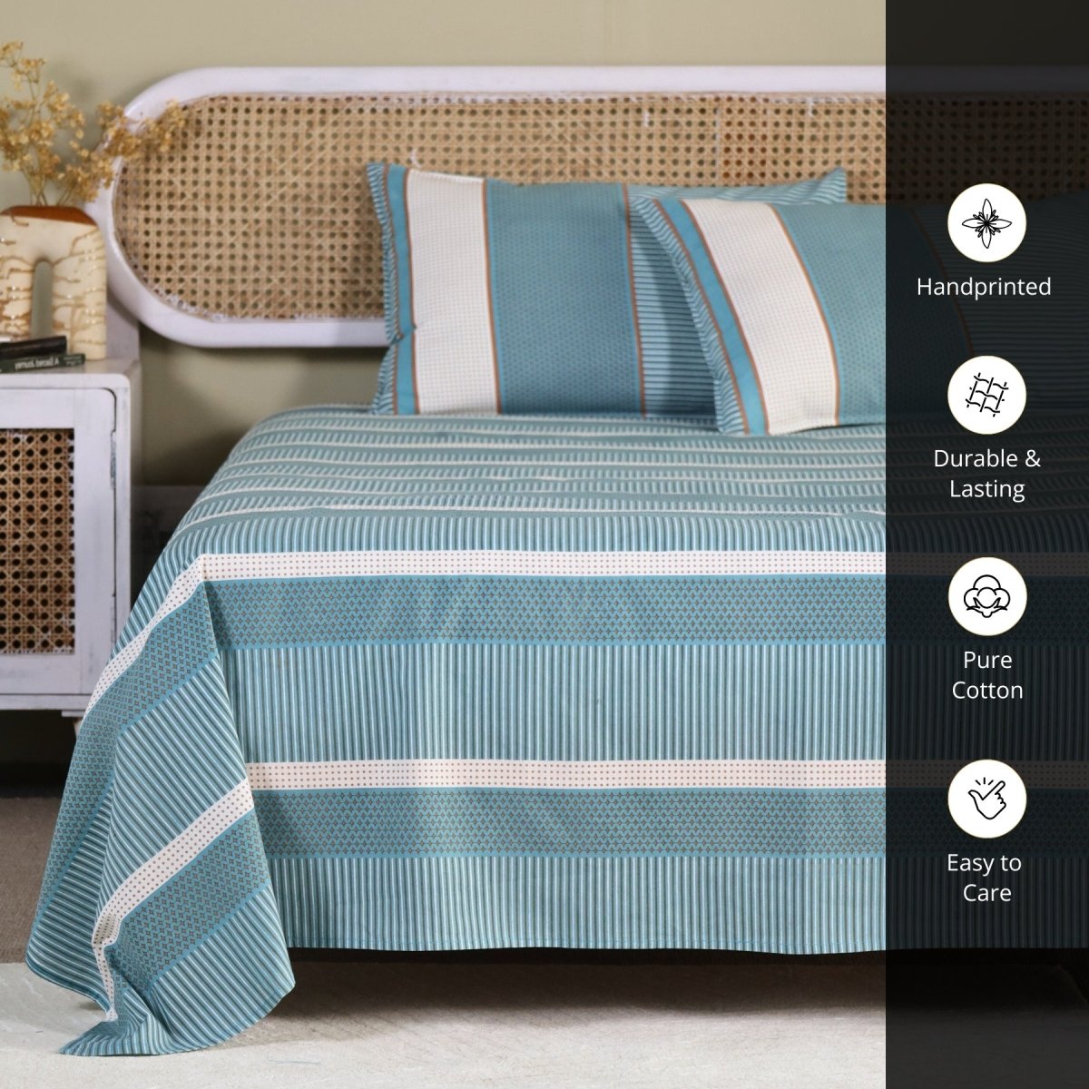 Hand Printed Cotton Bed sheet with Pillow Covers in Teal and Off White