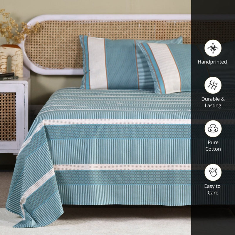 Hand Printed Cotton Bed sheet with Pillow Covers in Teal and Off White