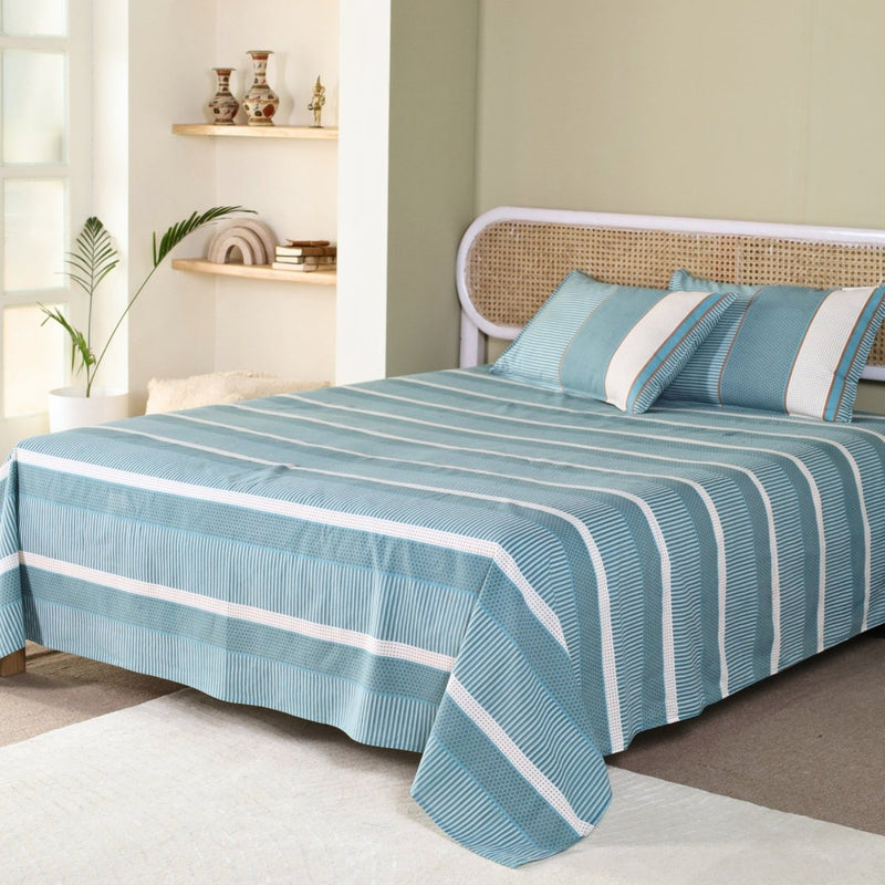 Hand Printed Cotton Bed sheet with Pillow Covers in Teal and Off White