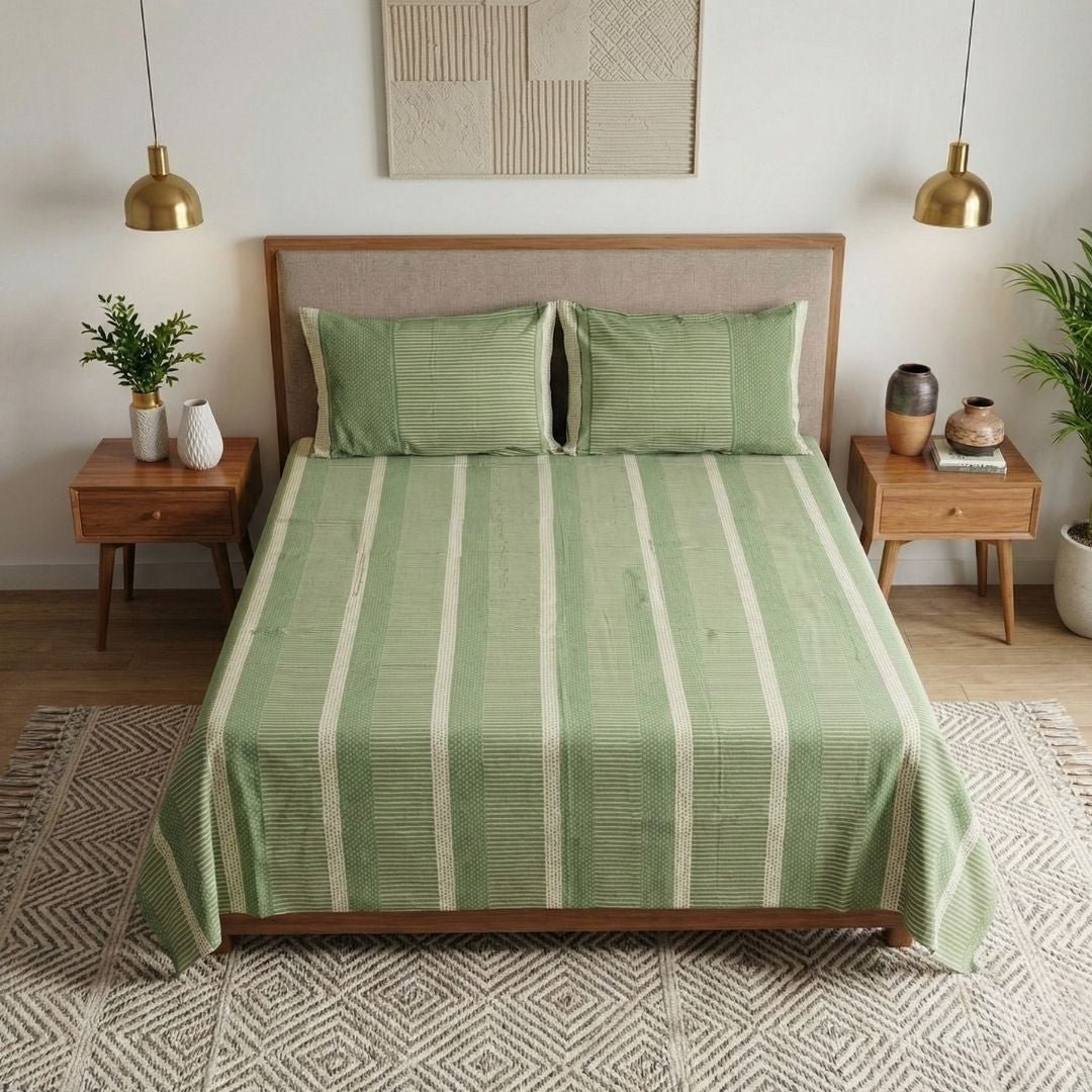 Cotton Bed sheet for Double bed with 2 Pillow Covers | Handprinted  Textured Design in Fern Green & Off White |Marigold Collection