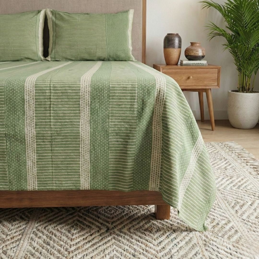 Cotton Bed sheet for Double bed with 2 Pillow Covers | Handprinted  Textured Design in Fern Green & Off White |Marigold Collection