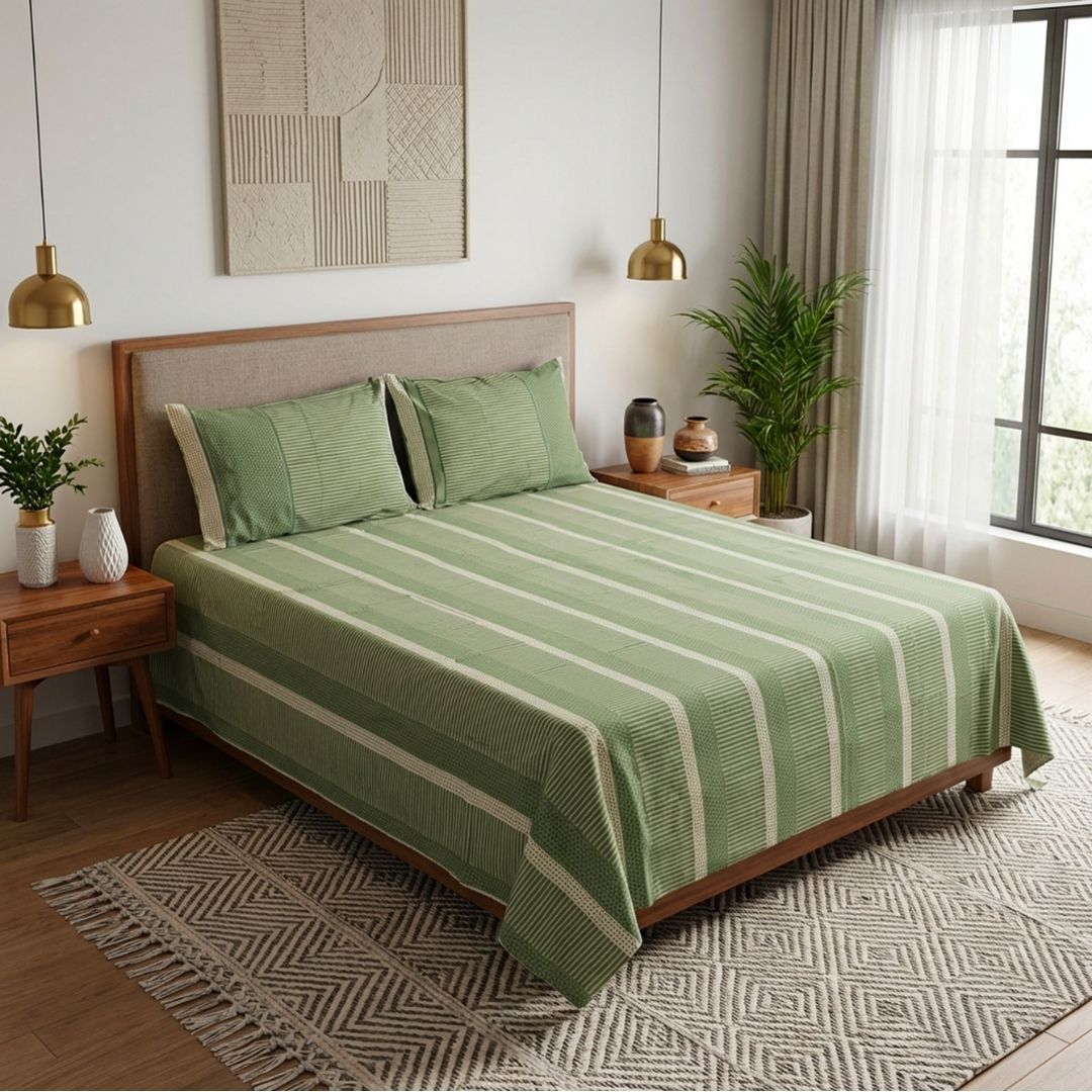 Cotton Bed sheet for Double bed with 2 Pillow Covers | Handprinted  Textured Design in Fern Green & Off White |Marigold Collection