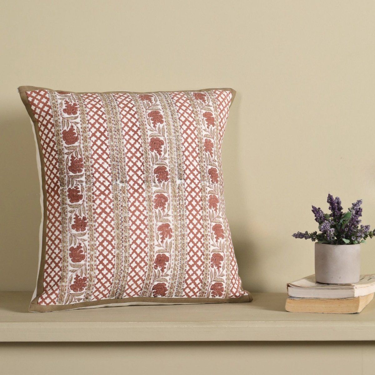 Pure Cotton Cushion Covers Hand Block Printed in Ivory and Rust Floral Pattern | 18 x 18 inches |  Single or Combo Pack Available