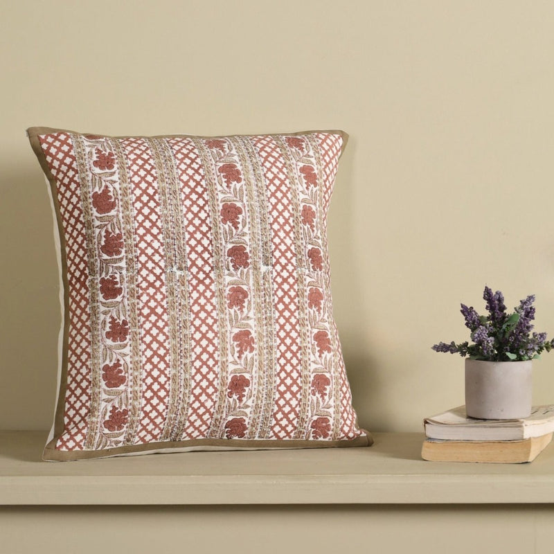Pure Cotton Cushion Covers Hand Block Printed in Ivory and Rust Floral Pattern | 18 x 18 inches |  Single or Combo Pack Available