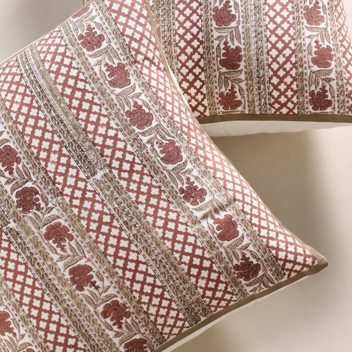 Pure Cotton Cushion Covers Hand Block Printed in Ivory and Rust Floral Pattern | 18 x 18 inches |  Single or Combo Pack Available