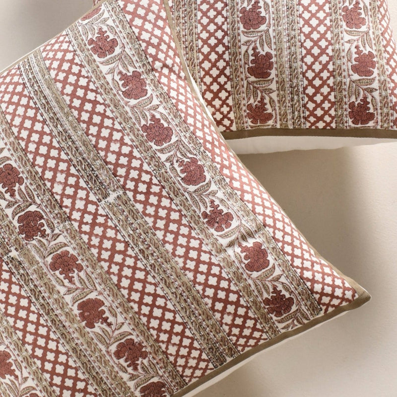Pure Cotton Cushion Covers Hand Block Printed in Ivory and Rust Floral Pattern | 18 x 18 inches |  Single or Combo Pack Available