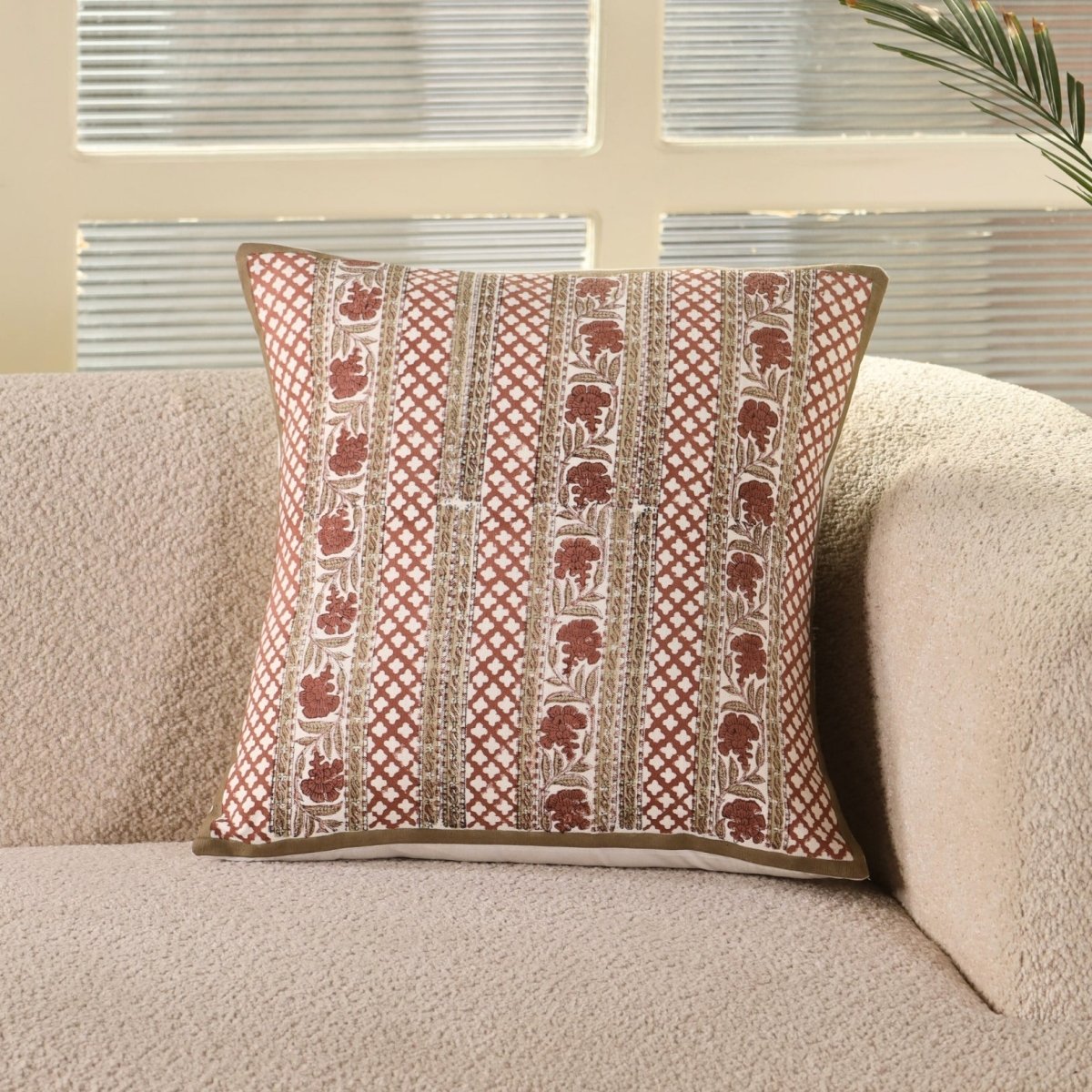 Pure Cotton Cushion Covers Hand Block Printed in Ivory and Rust Floral Pattern | 18 x 18 inches |  Single or Combo Pack Available