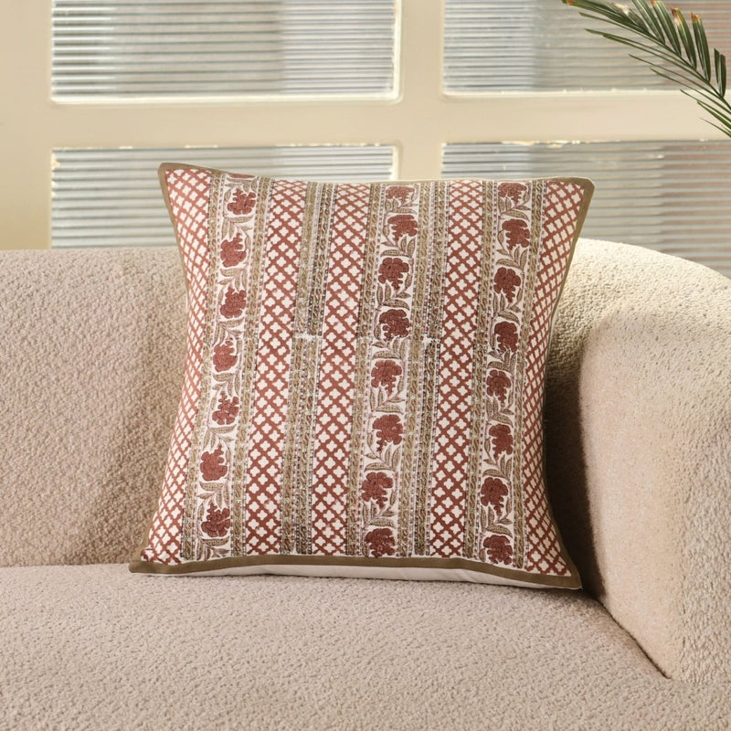Pure Cotton Cushion Covers Hand Block Printed in Ivory and Rust Floral Pattern | 18 x 18 inches |  Single or Combo Pack Available