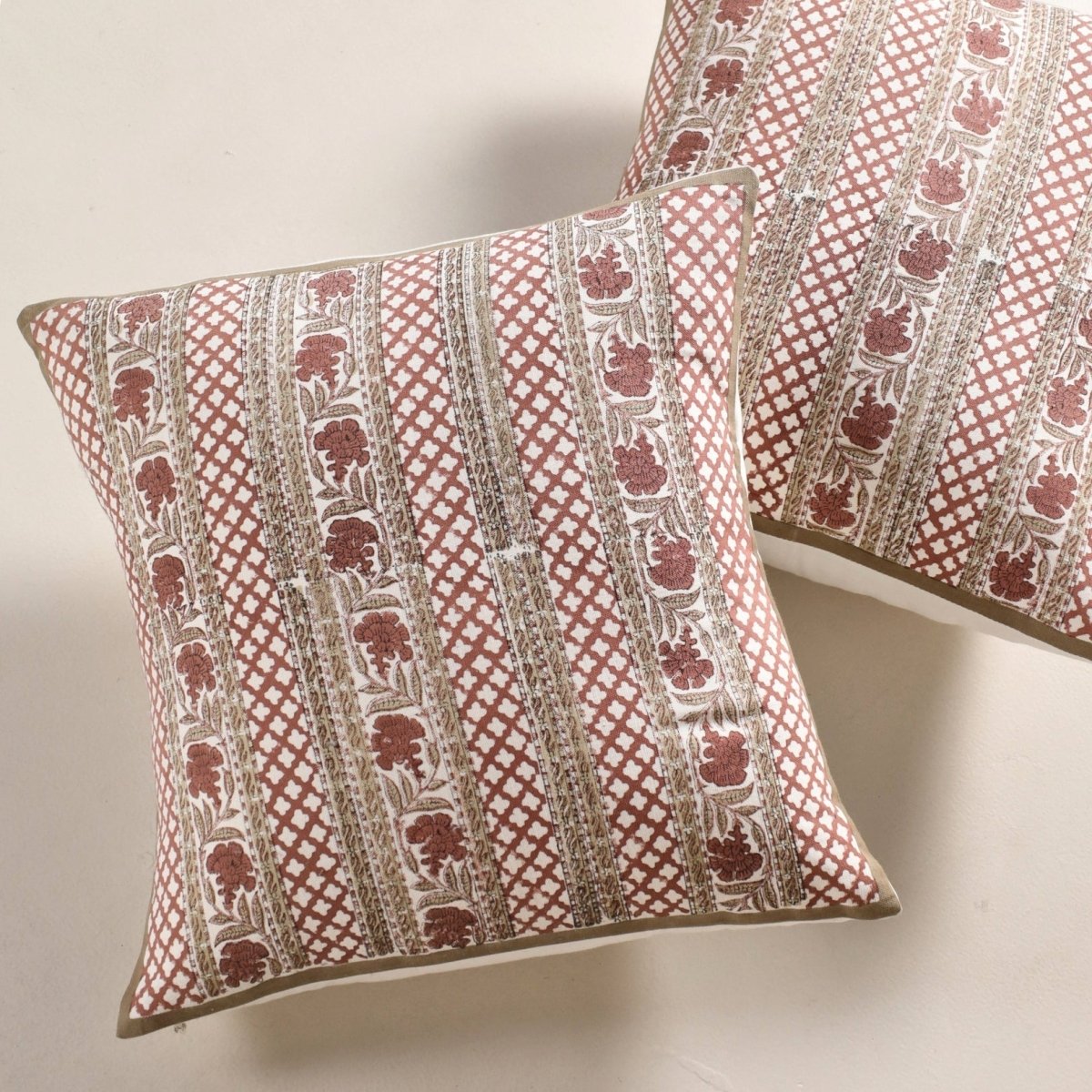 Pure Cotton Cushion Covers Hand Block Printed in Ivory and Rust Floral Pattern | 18 x 18 inches |  Single or Combo Pack Available