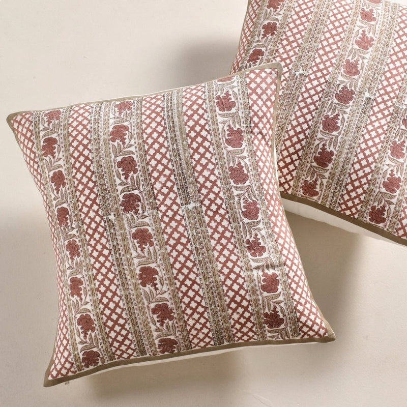 Pure Cotton Cushion Covers Hand Block Printed in Ivory and Rust Floral Pattern | 18 x 18 inches |  Single or Combo Pack Available