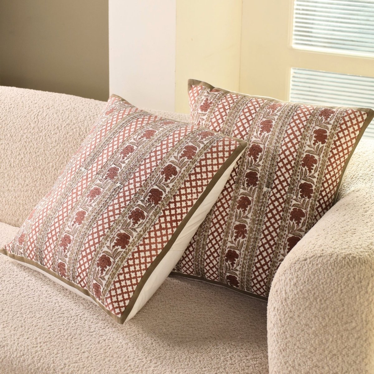 Pure Cotton Cushion Covers Hand Block Printed in Ivory and Rust Floral Pattern | 18 x 18 inches |  Single or Combo Pack Available