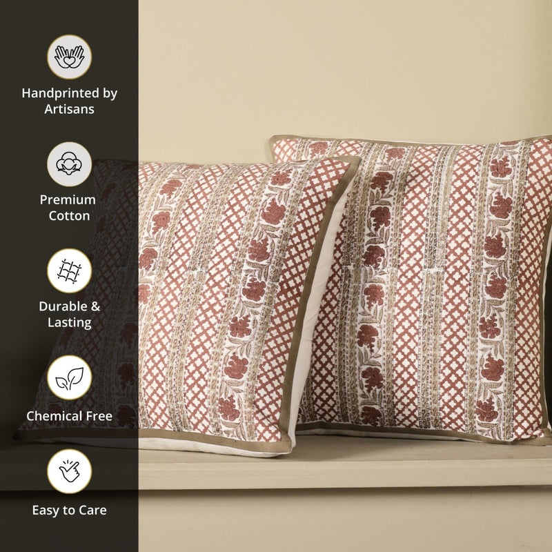 Pure Cotton Cushion Covers Hand Block Printed in Ivory and Rust Floral Pattern | 18 x 18 inches |  Single or Combo Pack Available