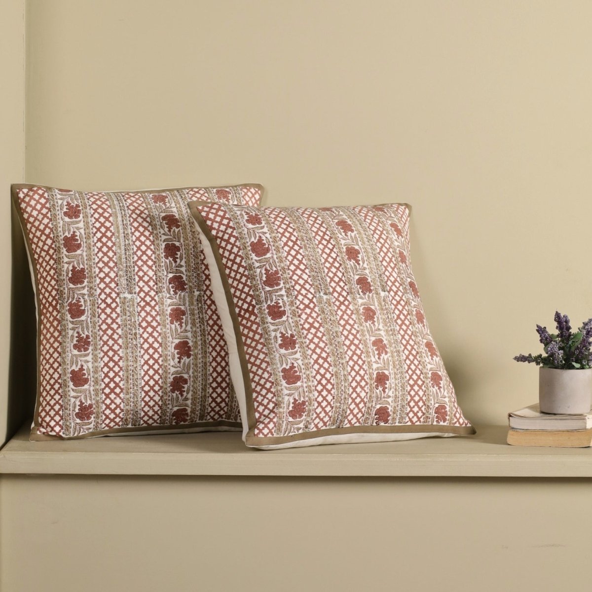 Pure Cotton Cushion Covers Hand Block Printed in Ivory and Rust Floral Pattern | 18 x 18 inches |  Single or Combo Pack Available