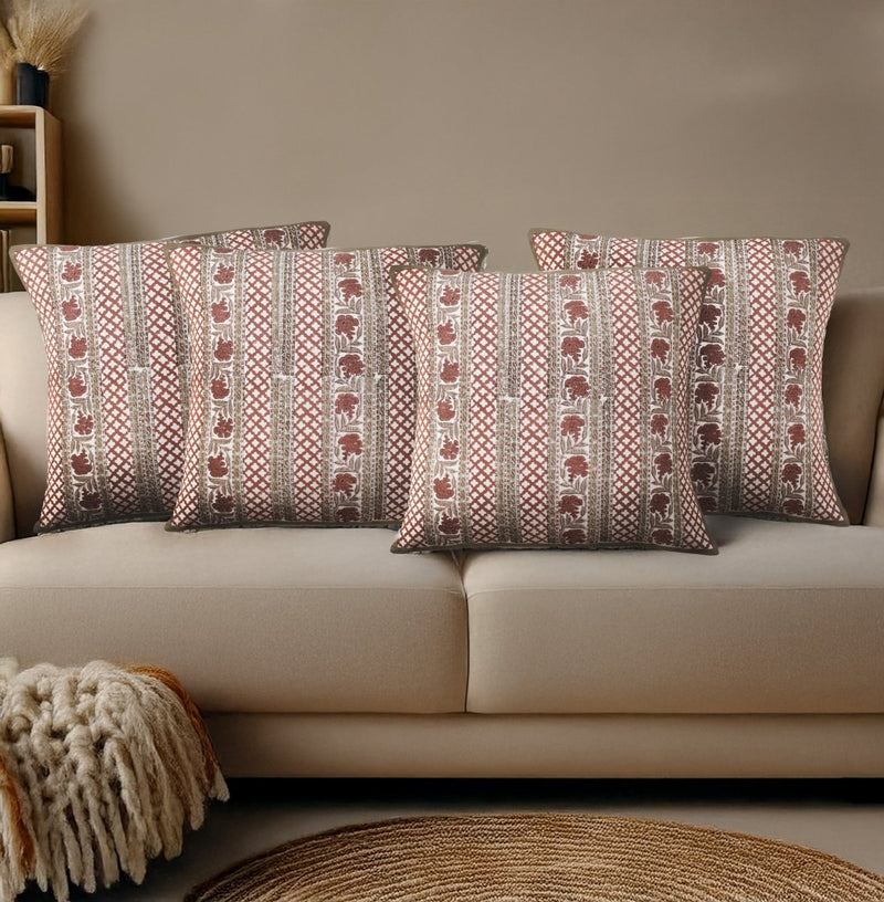Pure Cotton Cushion Covers Hand Block Printed in Ivory and Rust Floral Pattern | 18 x 18 inches |  Single or Combo Pack Available