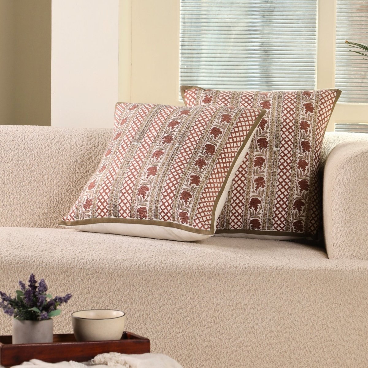 Pure Cotton Cushion Covers Hand Block Printed in Ivory and Rust Floral Pattern | 18 x 18 inches |  Single or Combo Pack Available