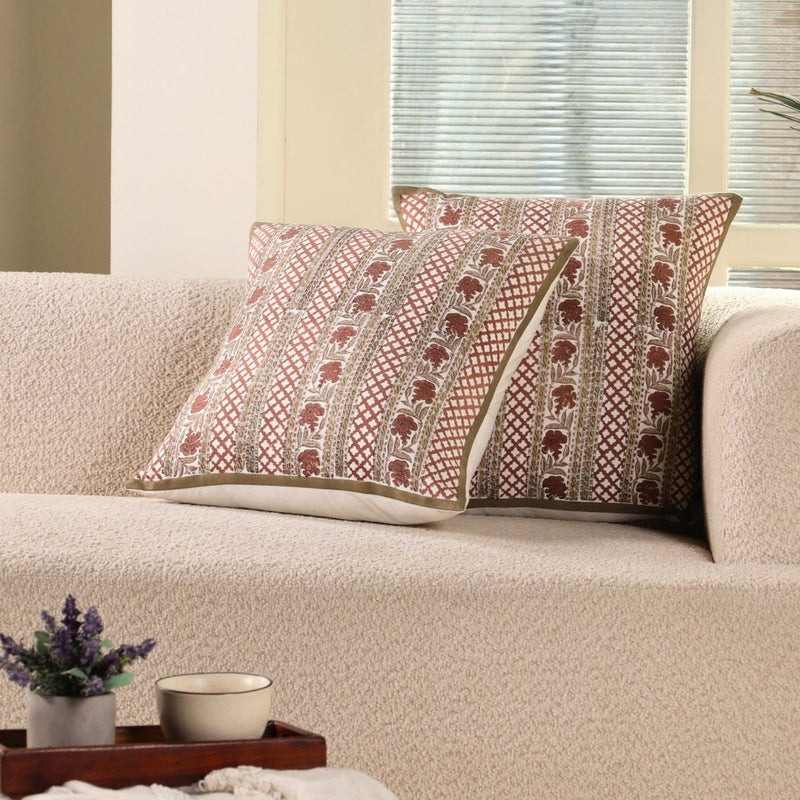 Pure Cotton Cushion Covers Hand Block Printed in Ivory and Rust Floral Pattern | 18 x 18 inches |  Single or Combo Pack Available