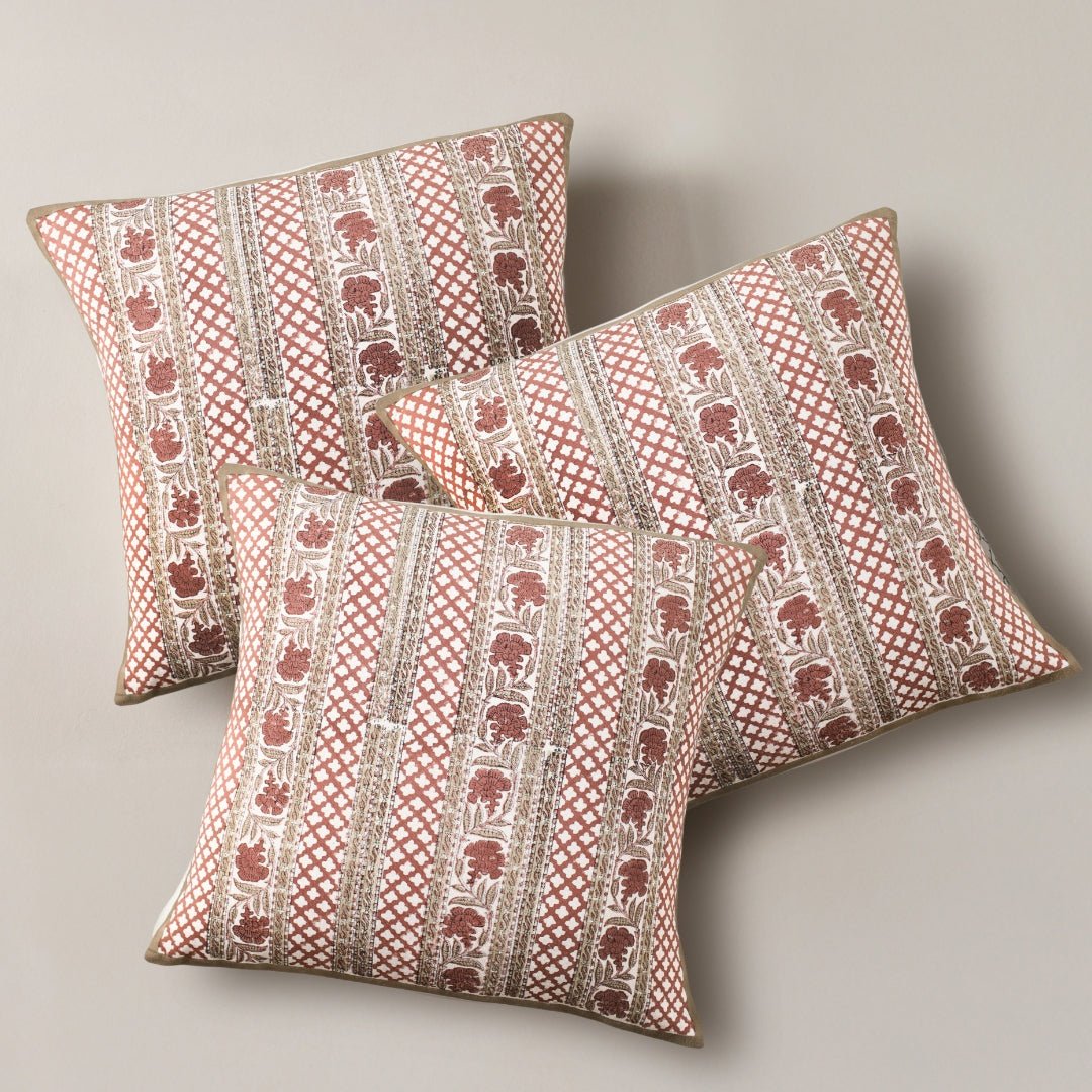 Pure Cotton Cushion Covers Hand Block Printed in Ivory and Rust Floral Pattern | 18 x 18 inches |  Single or Combo Pack Available