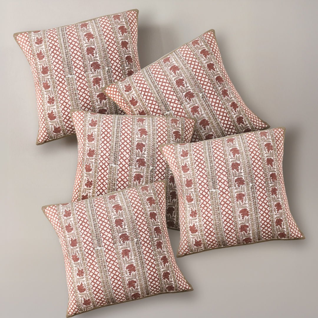 Pure Cotton Cushion Covers Hand Block Printed in Ivory and Rust Floral Pattern | 18 x 18 inches |  Single or Combo Pack Available