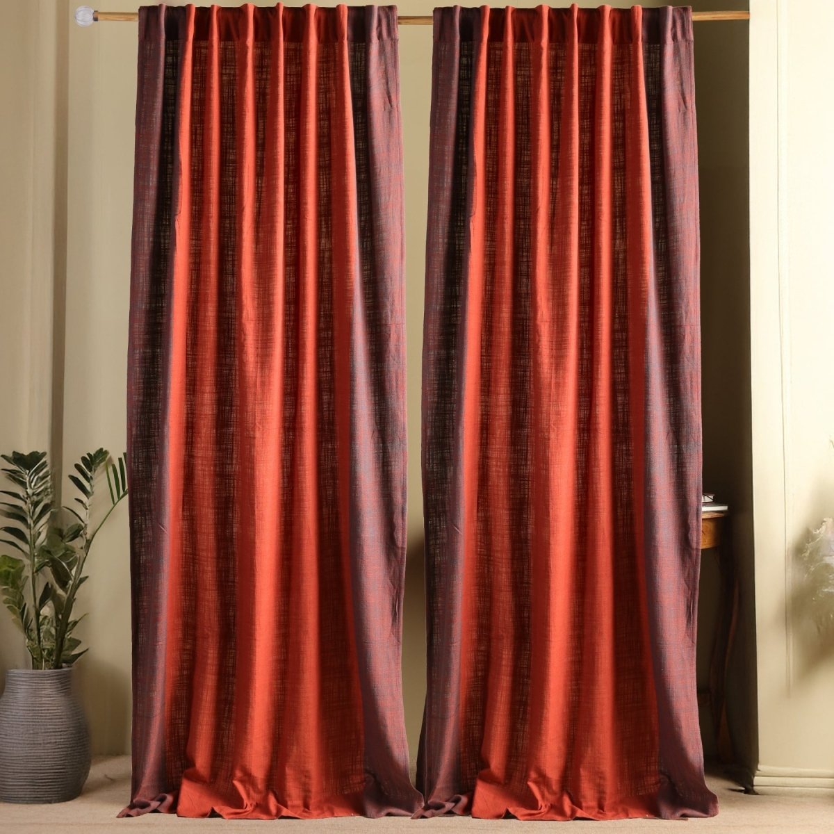 Cotton Door Curtain in 7ft of Brick Red Solid Colour | Semi Blackout 50% Light Blocking