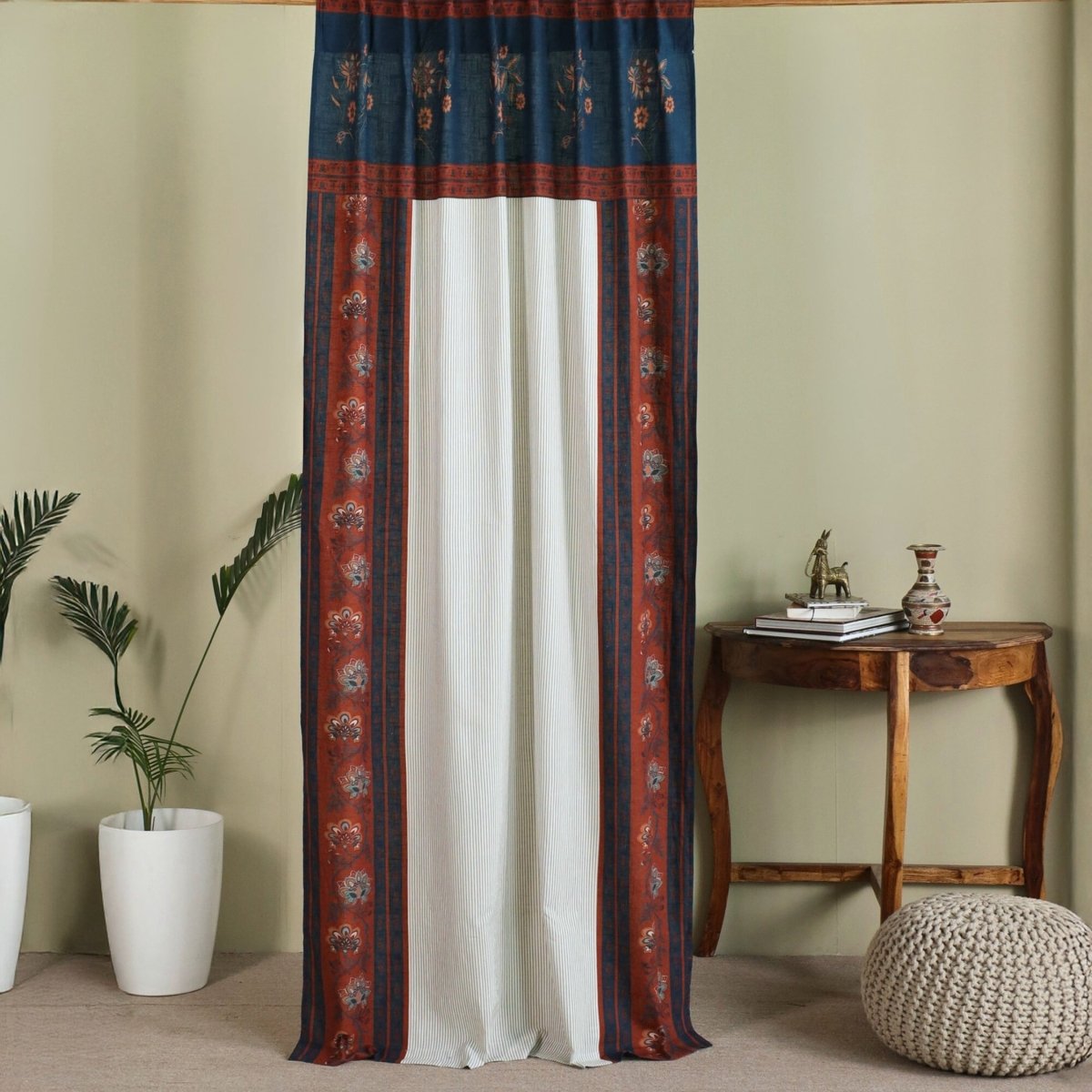 Pure Cotton Door Curtain in 7ft | Pack of 1 | Ivory Maroon and Navy Blue | Floral Border with Elegant Stripes