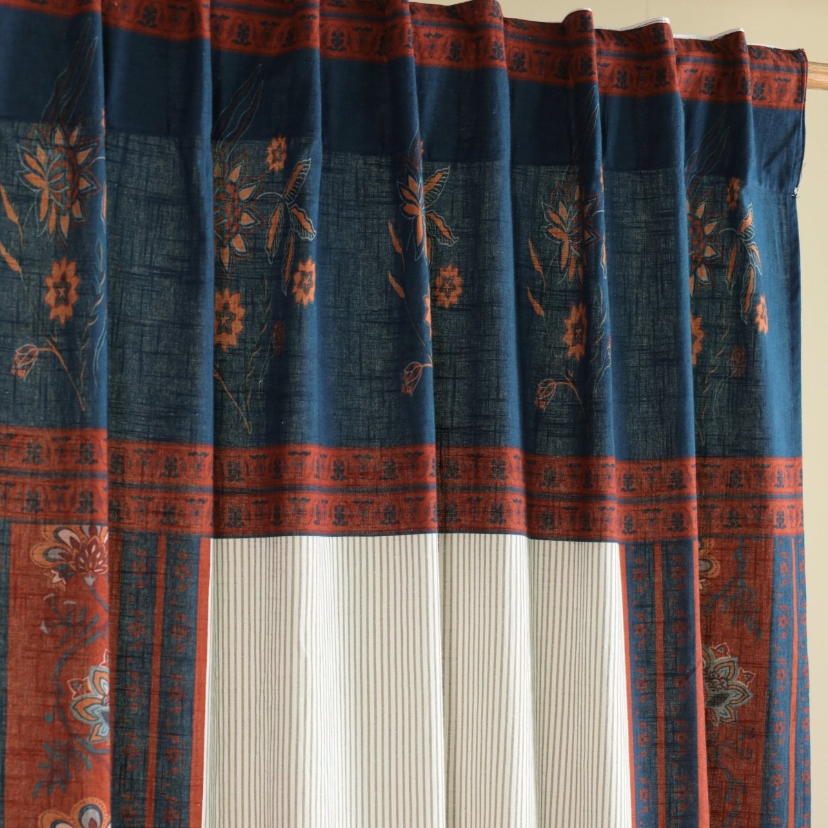 Pure Cotton Door Curtain in 7ft | Pack of 1 | Ivory Maroon and Navy Blue | Floral Border with Elegant Stripes
