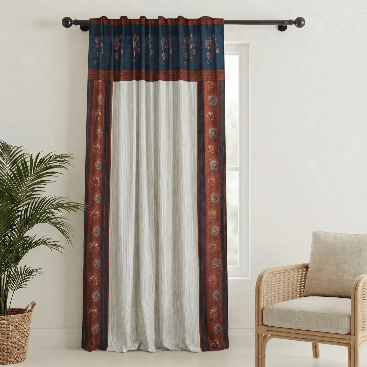 Pure Cotton Door Curtain in 7ft | Pack of 1 | Ivory Maroon and Navy Blue | Floral Border with Elegant Stripes