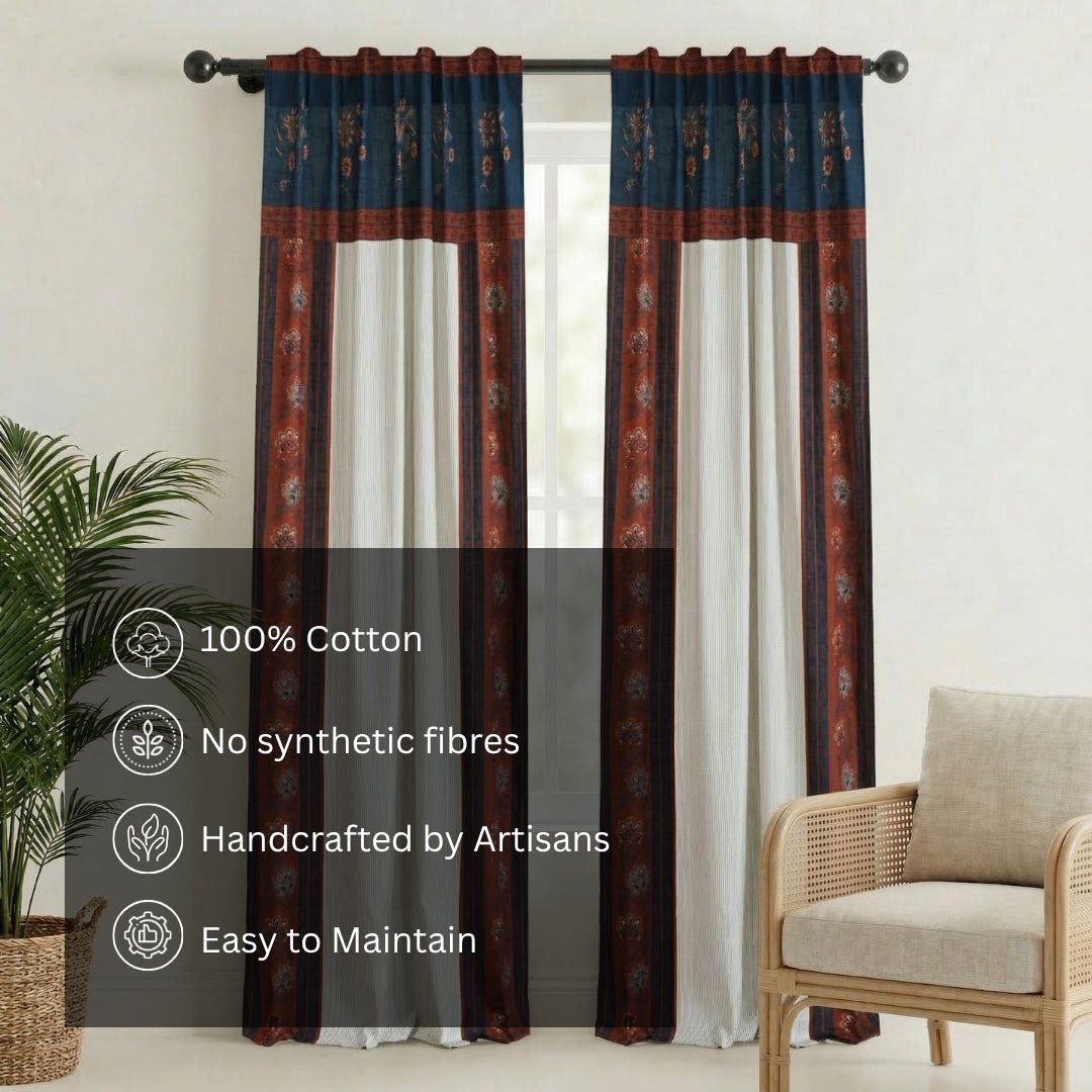 Pure Cotton Door Curtain in 7ft | Pack of 1 | Ivory Maroon and Navy Blue | Floral Border with Elegant Stripes