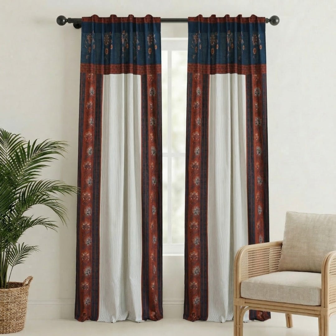 Pure Cotton Door Curtain in 7ft | Pack of 1 | Ivory Maroon and Navy Blue | Floral Border with Elegant Stripes