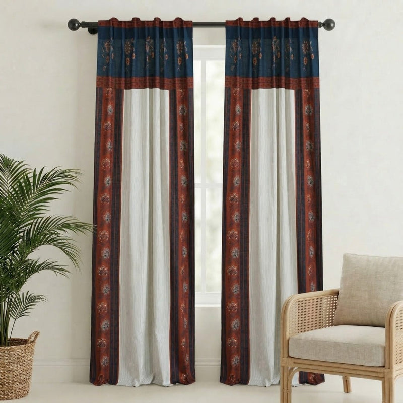 Pure Cotton Door Curtain in 7ft | Pack of 1 | Ivory Maroon and Navy Blue | Floral Border with Elegant Stripes