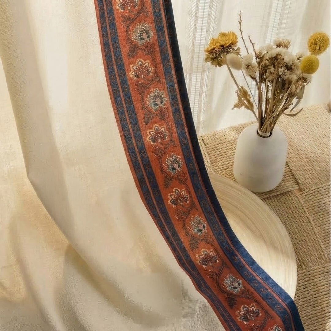 Pure Cotton Door Curtain in 7ft | Pack of 1 | Ivory Maroon and Navy Blue | Floral Border with Elegant Stripes