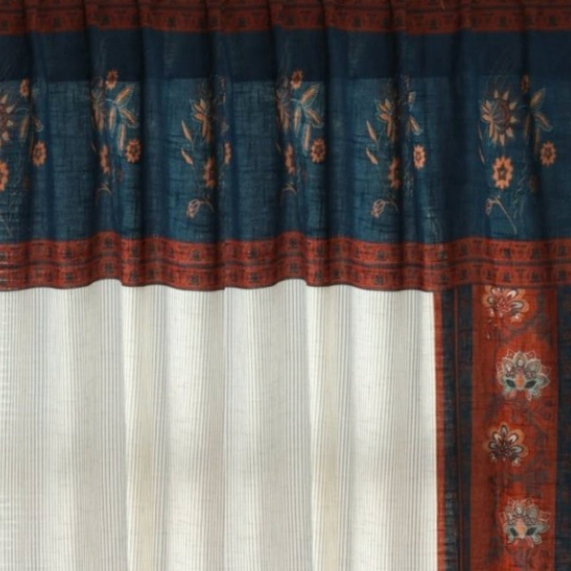 Pure Cotton Door Curtain in 7ft | Pack of 1 | Ivory Maroon and Navy Blue | Floral Border with Elegant Stripes